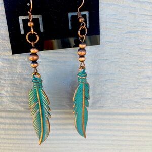 Beautiful cooper & green metallic feather earrings